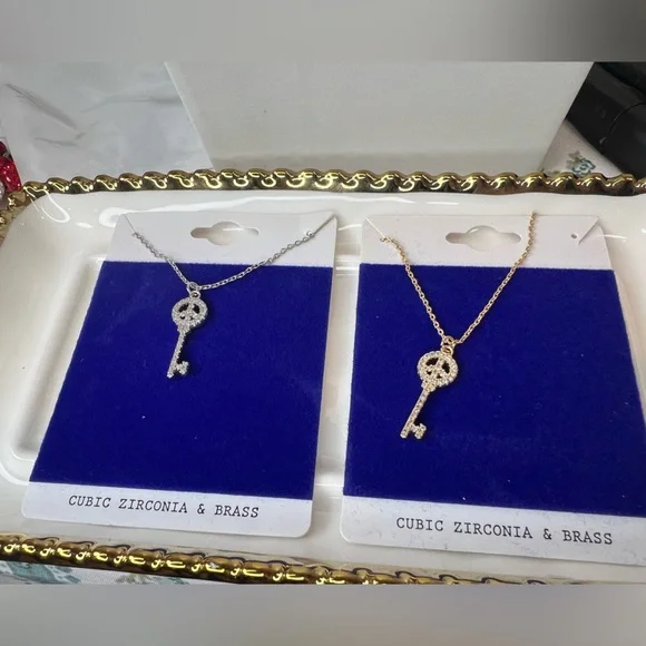 #1 Key Pendant Necklace - Gold and Silver CZ Key Charm - Picture 1 of 1